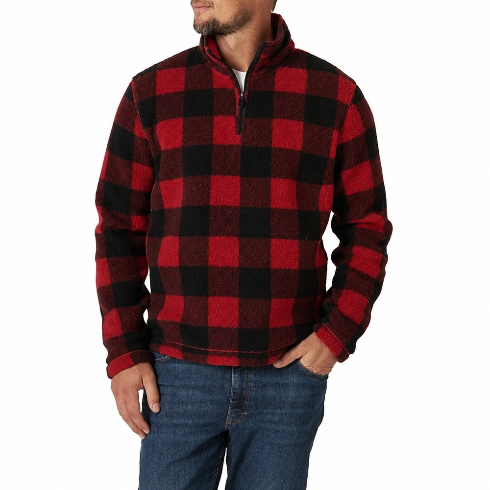 Wrangler Mens Buffalo Plaid Wooly Fleece 1/4 Zip Pullover Sweatshirt Red Black L